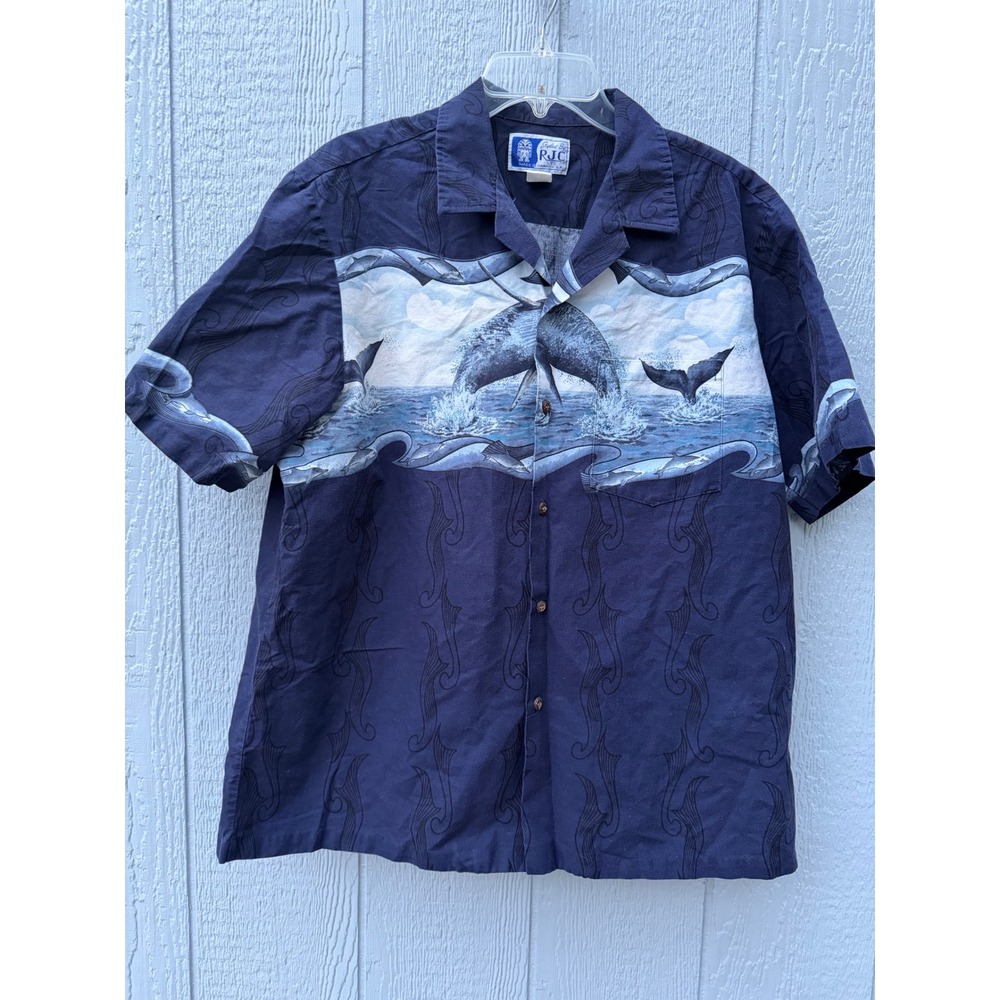RJC Hawaii Mens XL Whale Dolphin Graphic Shirt  Blue Short Sleeve Button Down